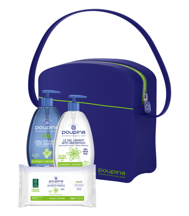 Poupina Trousse de naissance des 1er soins bébé. Lingette, gel lavant, eau nettoyante